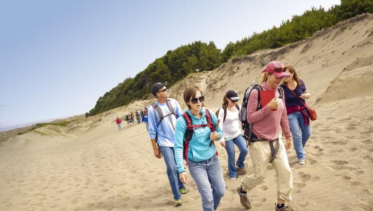 People walking through Lamphere Dunes