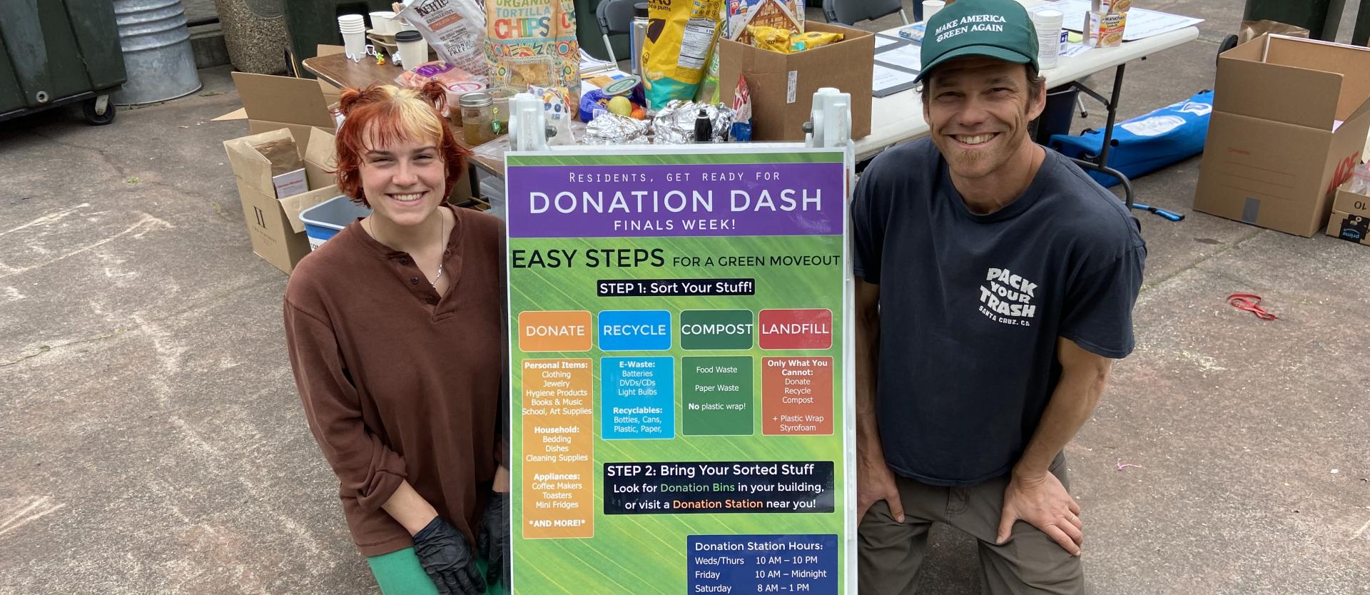 Photo of a Donation Station in the Hill Quad, where WRRAP and volunteers reduce waste and collect donatable goods from campus residents when moving out of the res halls.