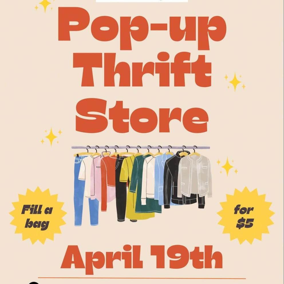 Image shows a flyer for a Pop Up Thrift Store hosted by Oh SNAP April 19th with red and black font and clothing on a wrack for the iconography.