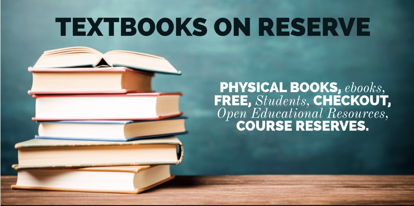 Textbooks on reserve image of a stack of books with blue background