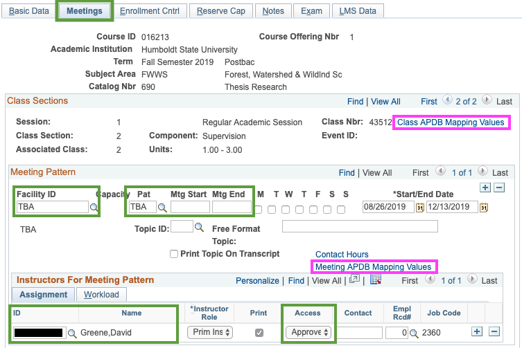 meetings tab with facility id highlighted