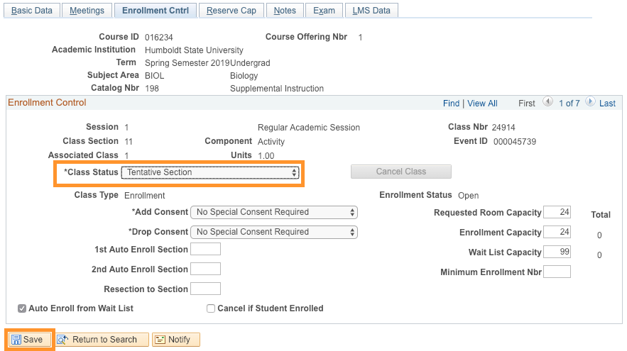 Enrollment Cntrl Tab, class status highlighted