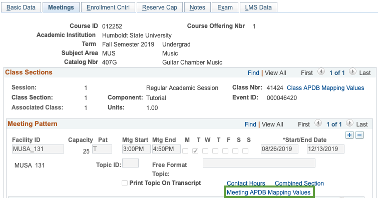 Meeting tab with meeting apdb mapping values highlighted