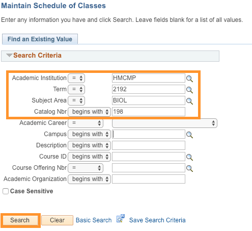 Find existing Value tab, search criteria