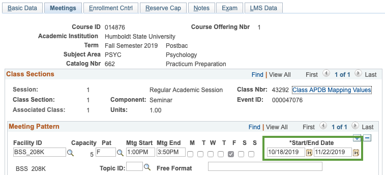 Meetings Tab start/end date highlighted