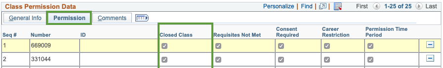 Class Permission Data tab