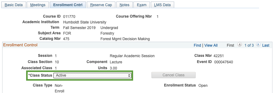 Enrollment Cntrl, class schedule highlighted