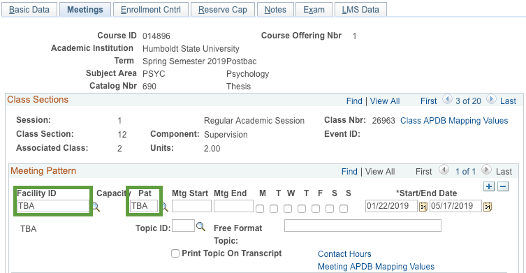 meetings tab with facility id highlighted