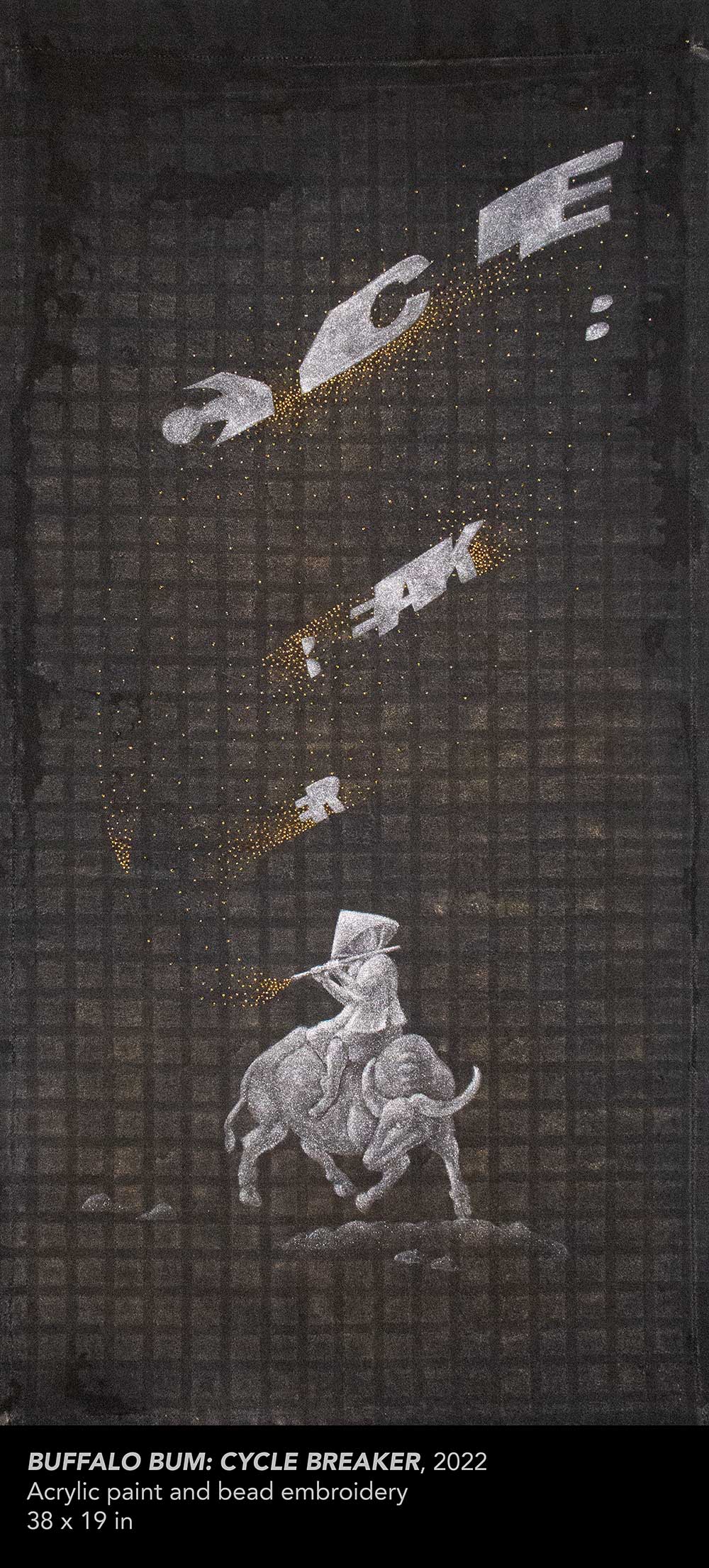 embroidery with distorted text and a child playing a flute riding on the back of an ox.