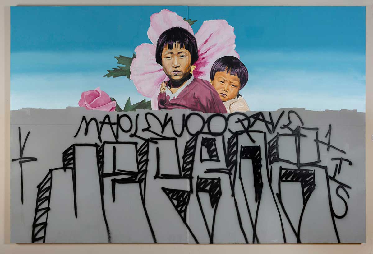 Painting of a young asian girl and boy with pink flowers in the background, with dark grey paint and graffiti covering the lower half of the painting