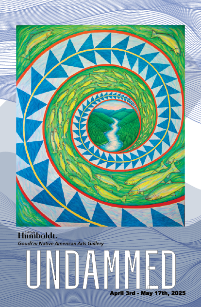 blue and white background of lines mimicking waves, with a painting of a spiral with repeating triangle sturgeons back design with a crowd of salmon swimming through the spiral. black and white text says UNDAMMED