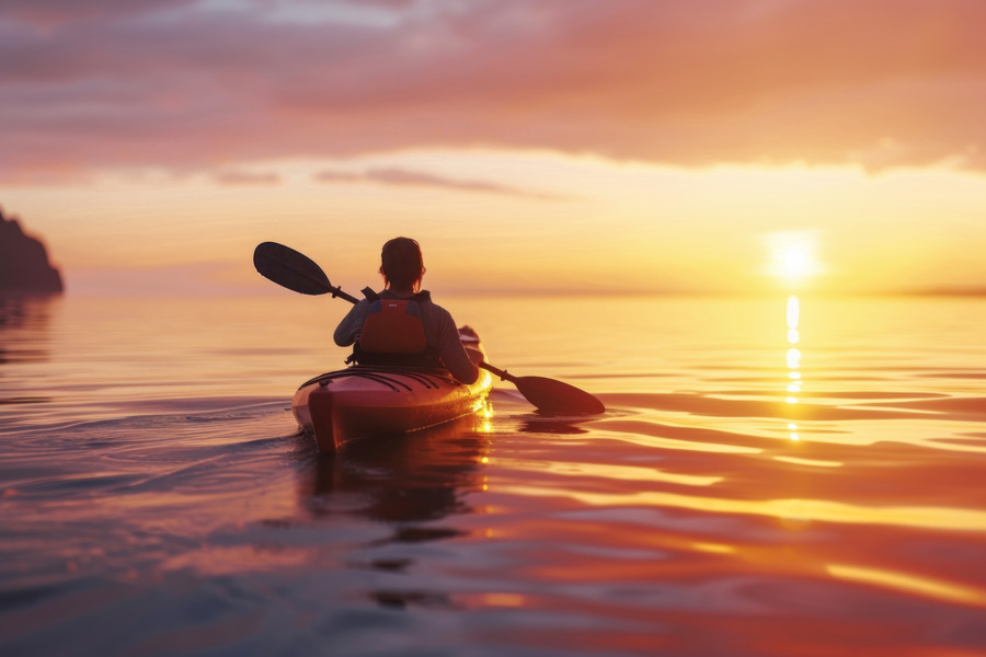 Person paddling a kayak into the sunset