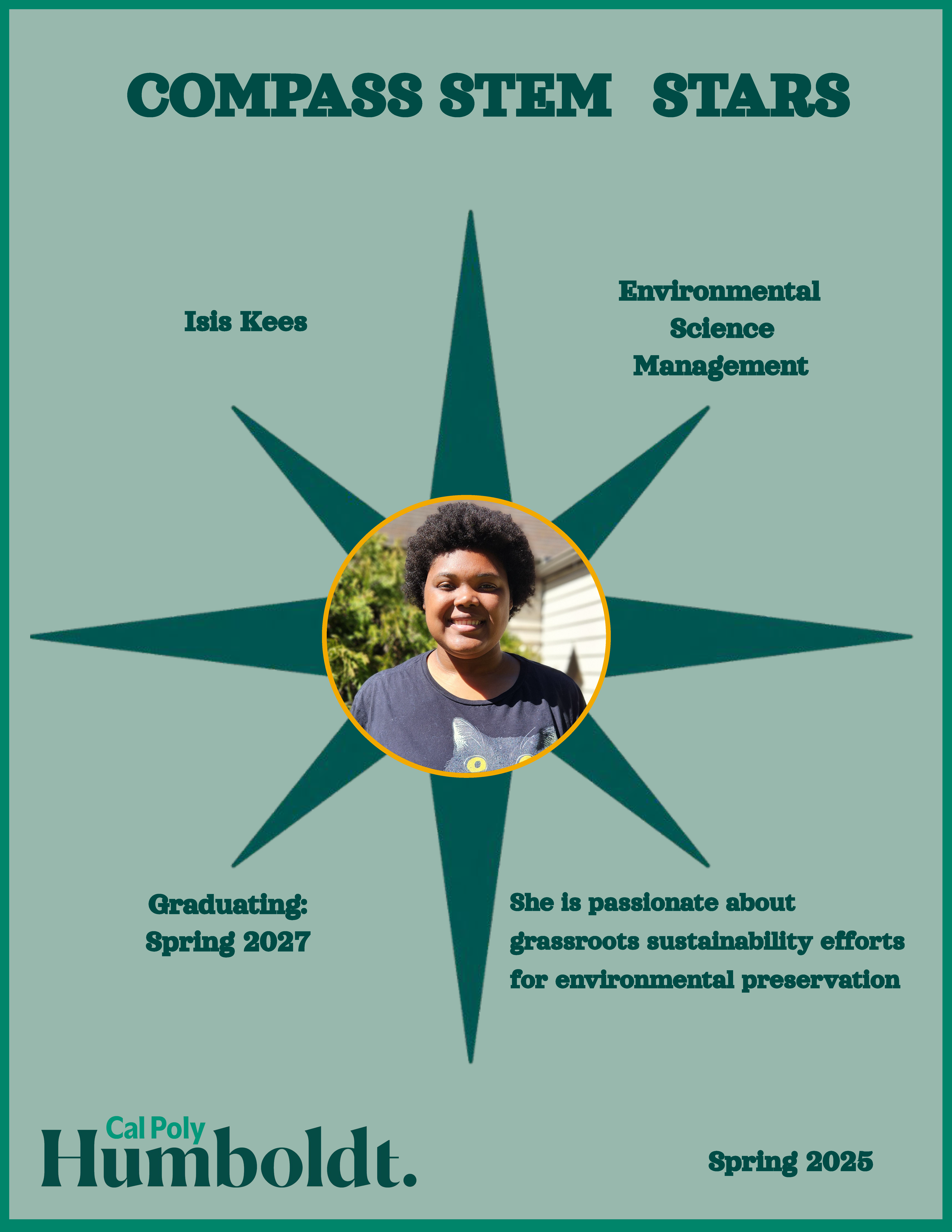 A green compass with an image of a woman's face with short dark hair with text overlay COMPASS STEM STARS, Cal Poly Humboldt 2025.