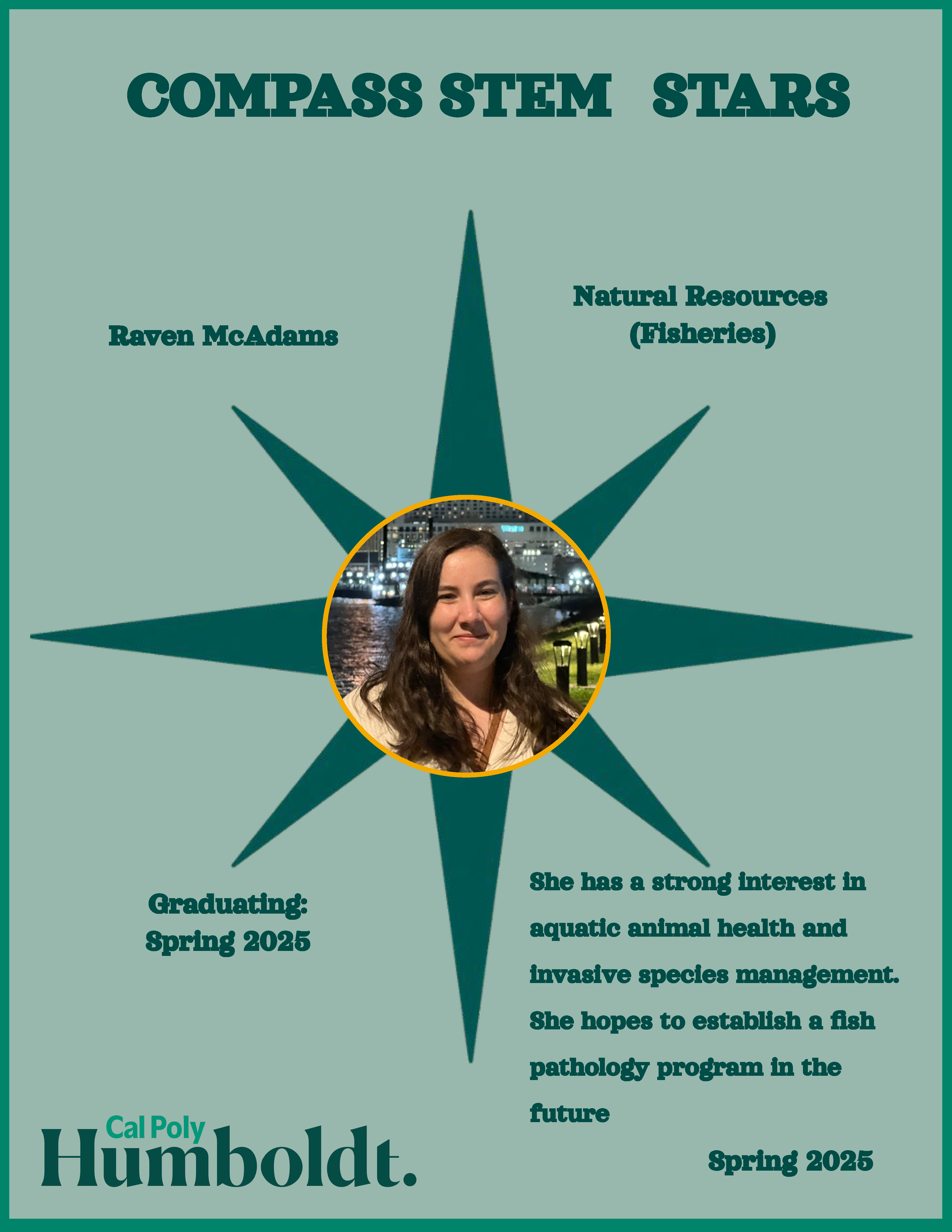 A green compass with an image of a woman's face with long dark hair with text overlay COMPASS STEM STARS, Cal Poly Humboldt 2025.