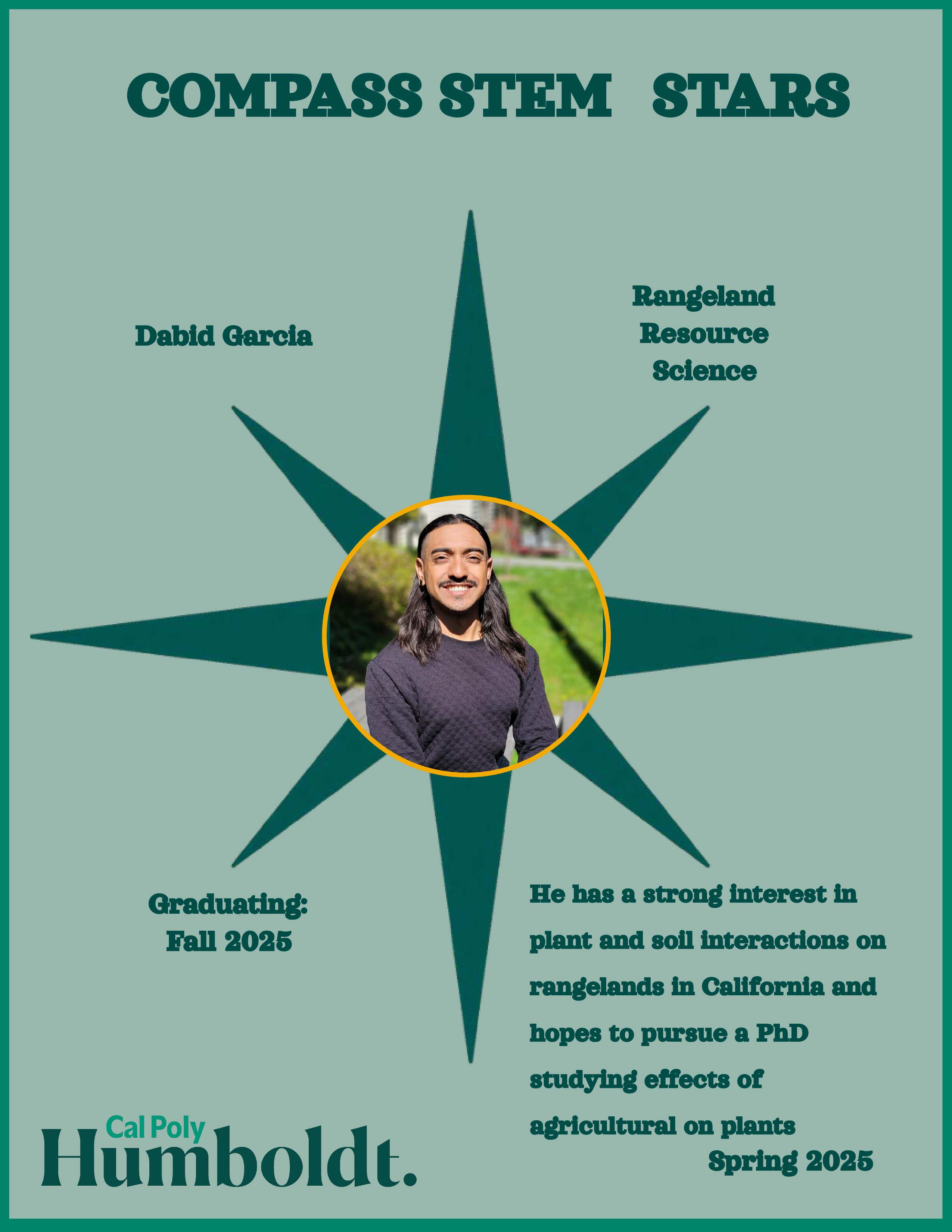 A green compass with an image of a man's face with dark hair in a gray shirt with text overlay COMPASS STEM STARS, Cal Poly Humboldt 2025