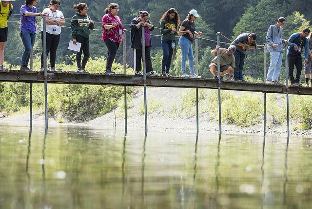 Students on bridge over pond