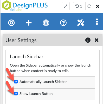 Design Plus user settings, launch side bar options