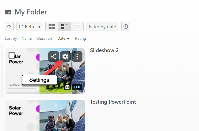 My folder in panopto with setting button highlighted