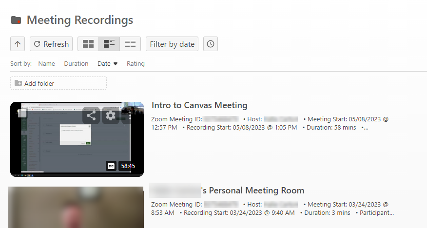 Meeting Recording window in canvas