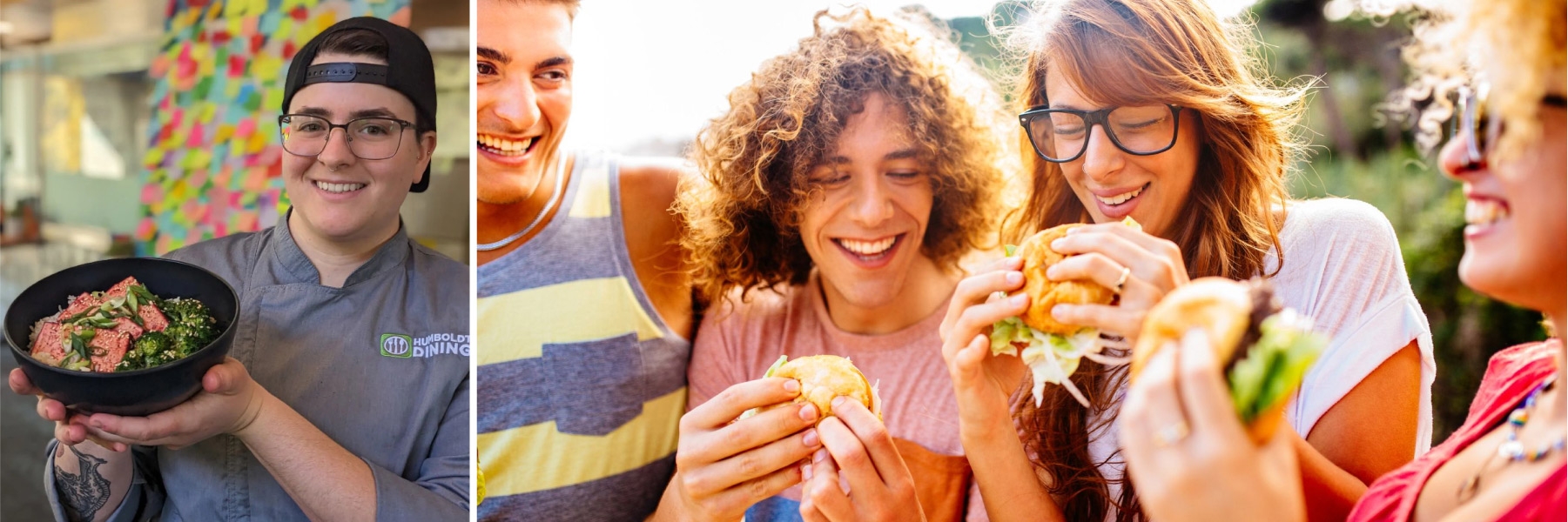 people eating hamburgers and smiling and a person with a chefs outfit on presenting a bowl of food