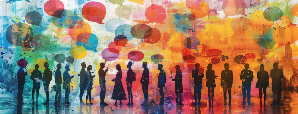 Colorful artwork of many silhouetted people having conversations, indicated by conversation bubbles