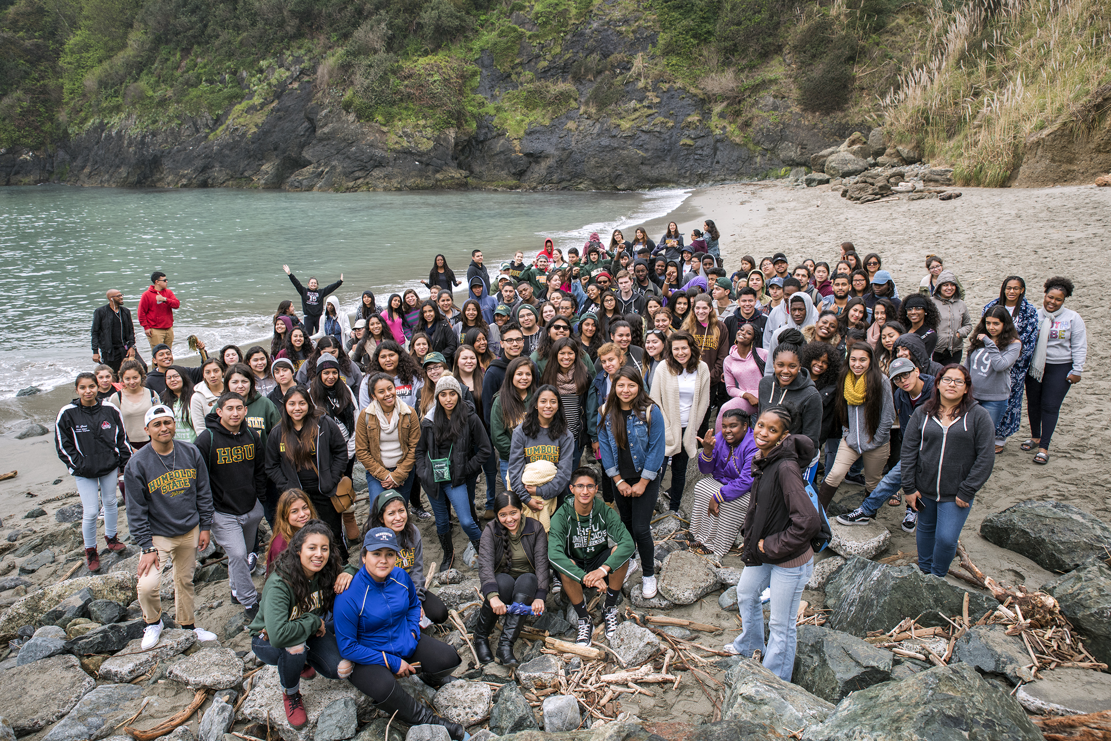 Students gathered on beach