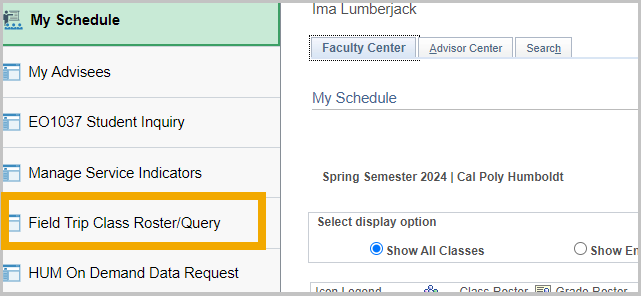 Field Trip Class Roster tab highlighted