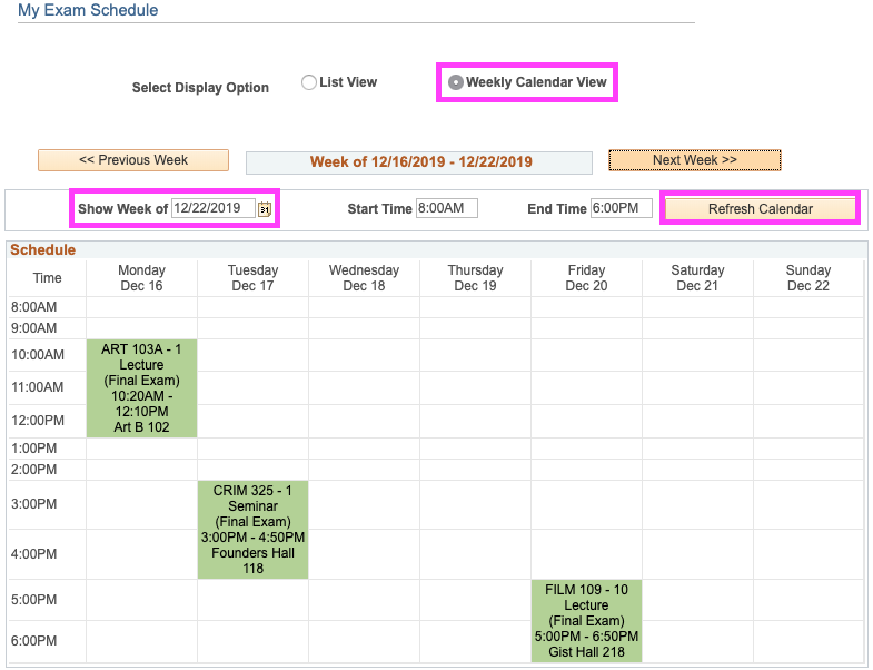 Weekly calendar view