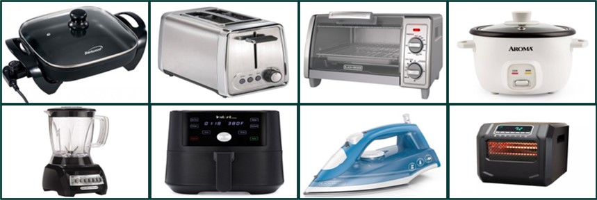 Appliances allowed in kitchen area of residence halls, apartments and suites: electric fry pans, toasters, toaster ovens, rice cookers, air fryers, blenders. Allowed in the laundry room: irons. Never allowed on campus: open coil space heaters