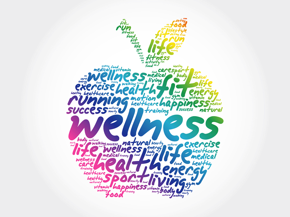 Apple shaped word cloud with wellness related terms