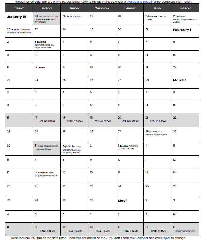 Preview of Semester on a Page, all dates in the academic semester.