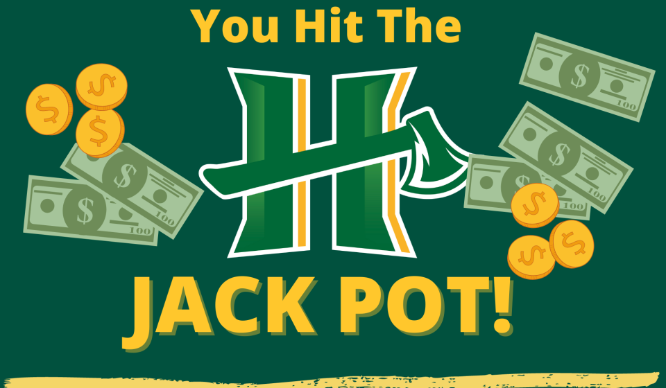 You hit the jackpot! with a cal poly athletics logo and dollar bills