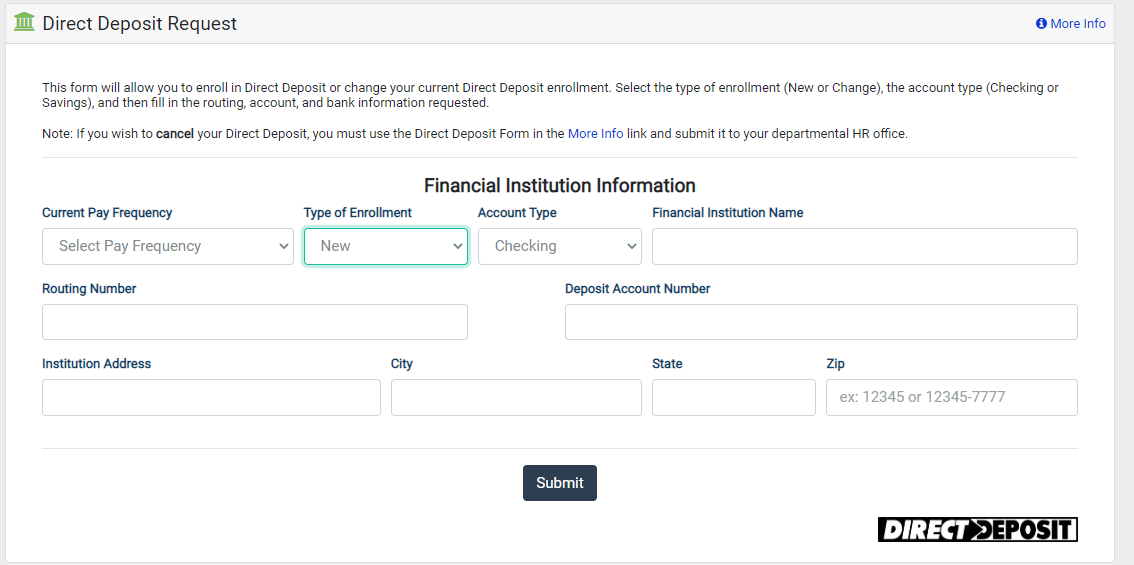 Image of Direct Deposit Request Form
