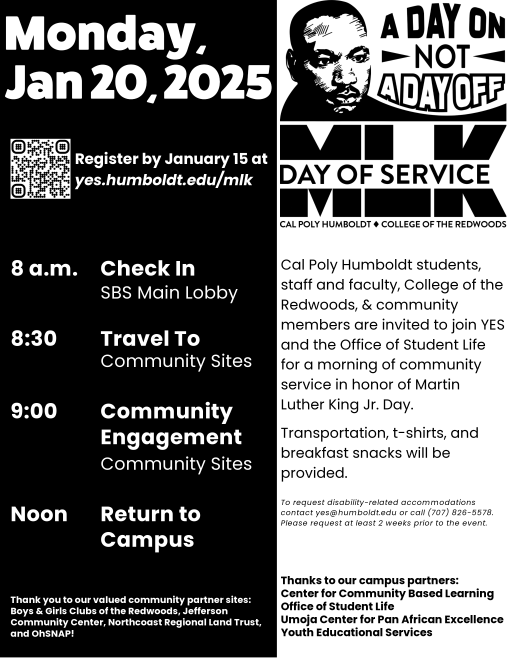 Flyer for MLK day of service with information about the how to register, the schedule for the day, and community partners for the event