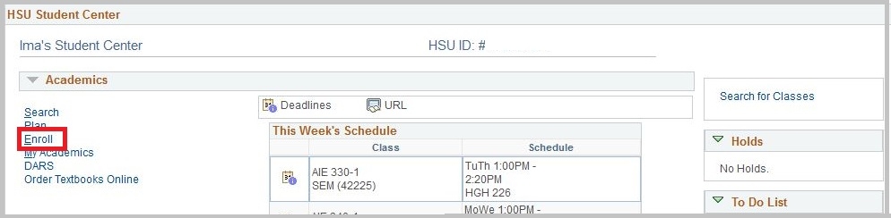 Enroll link located in the Academics section