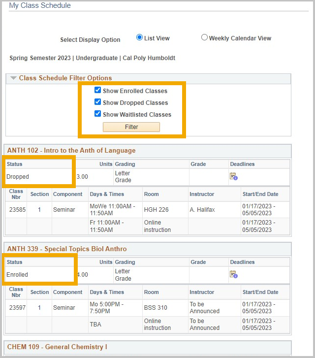 Class schedule filter options