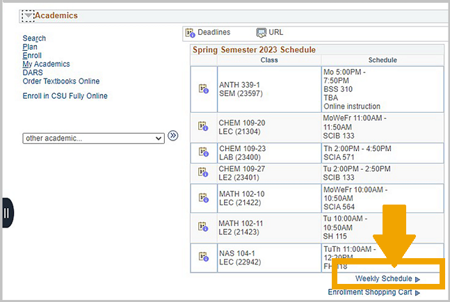 Weekly schedule hyperlink