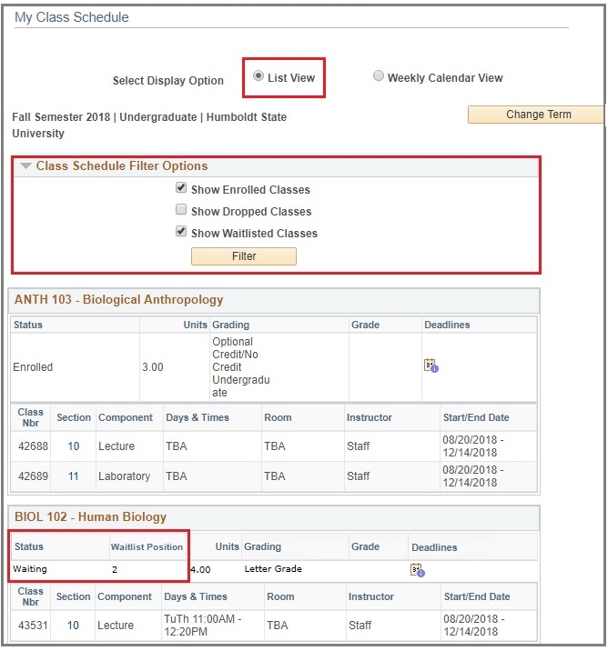 my class schedule tab