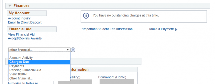 Image of the Financial Section of the Student Center page. Drop down opened to Charges Due