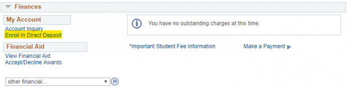 Finance Page with Enroll in Direct Deposit button highlighted
