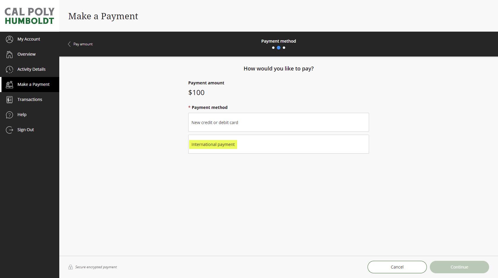Image of Make a Payment page where you enter the amount to be paid