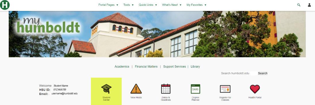 MyHumboldt homepage with Student Center highlighted