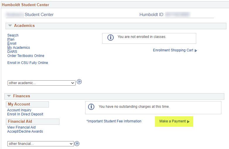 Humboldt Student Center with Make a Payment Highlighted