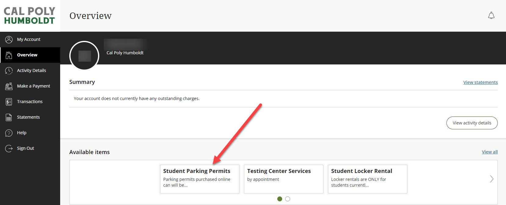 Transact Student Payment Portal Student Parking Permit highlighted