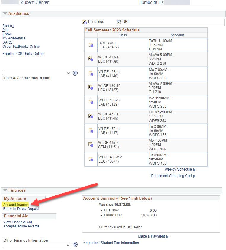 Student Center page with Account Inquiry, under My Account, highlighted.