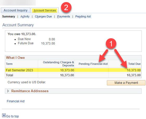 Account Inquiry page with Account Service Tab highlight above with Fall semester and total due highlighted below.