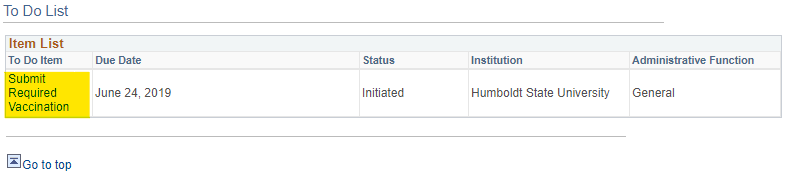 Image of to do list page with Submit Required Vaccination line item highlighted