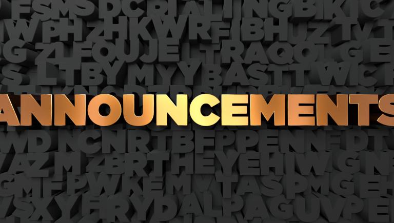 The word Announcements in gold, all caps with black background
