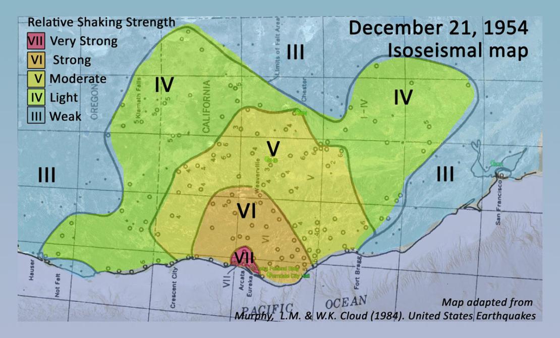 December 21, 1954 Isoseismal Map showing relative shaking strength from weak to very strong