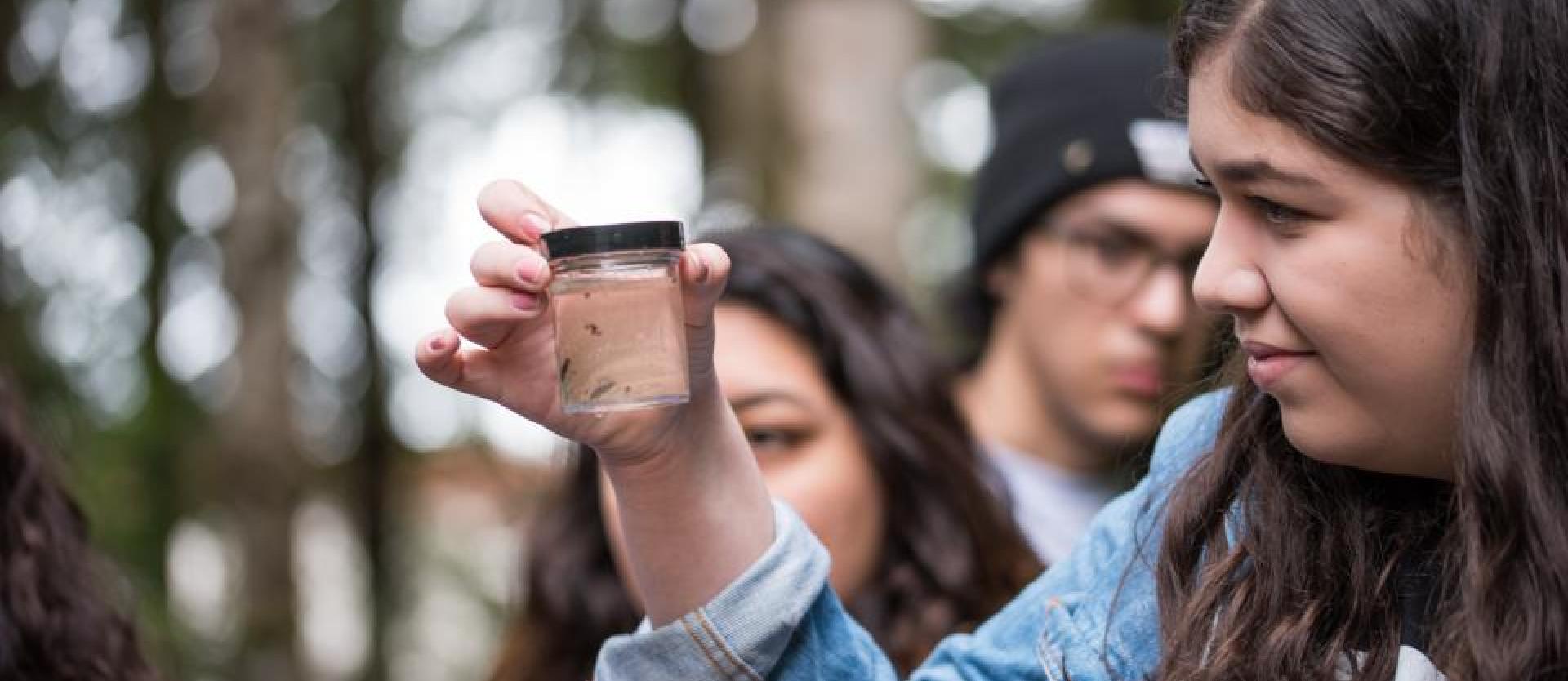 Student looking at sample